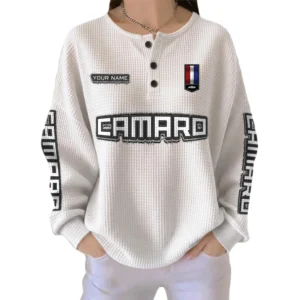 Camaro Women’s Waffle Knit Long Sleeve Relaxed Button V-Neck Customize Name