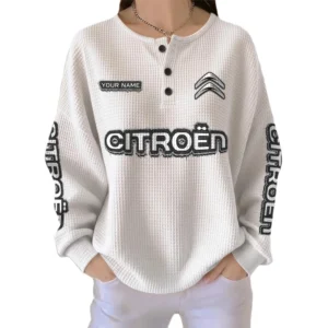 Citroen Women’s Waffle Knit Long Sleeve Relaxed Button V-Neck Customize Name