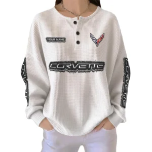Corvette Women’s Waffle Knit Long Sleeve Relaxed Button V-Neck Customize Name
