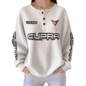Cupra Women’s Waffle Knit Long Sleeve Relaxed Button V-Neck Customize Name