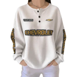 Chevrolet Women’s Waffle Knit Long Sleeve Relaxed Button V-Neck Customize Name