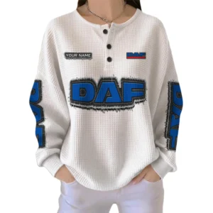 DAF Trucks Women’s Waffle Knit Long Sleeve Relaxed Button V-Neck Customize Name