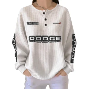 Dodge Women’s Waffle Knit Long Sleeve Relaxed Button V-Neck Customize Name