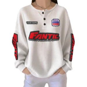 Fantic Motor Women’s Waffle Knit Long Sleeve Relaxed Button V-Neck Customize Name