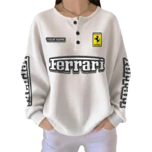 Ferrari Women’s Waffle Knit Long Sleeve Relaxed Button V-Neck Custom Name