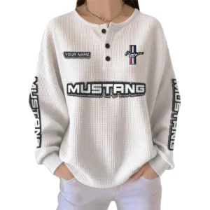 Ford Mustang Women’s Waffle Knit Long Sleeve Relaxed Button V-Neck Customize Name