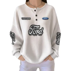 Ford Women’s Waffle Knit Long Sleeve Relaxed Button V-Neck Customize Name