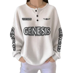 Genesis Women’s Waffle Knit Long Sleeve Relaxed Button V-Neck Customize Name
