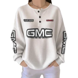 GMC Car Women’s Waffle Knit Long Sleeve Relaxed Button V-Neck Customize Name