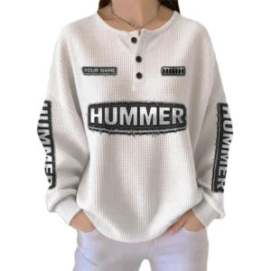 Hummer Women’s Waffle Knit Long Sleeve Relaxed Button V-Neck Customize Name