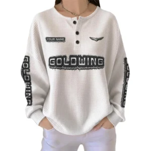 Honda Goldwing Women’s Waffle Knit Long Sleeve Relaxed Button V-Neck Customize Name