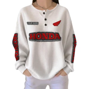 Honda Motor Women’s Waffle Knit Long Sleeve Relaxed Button V-Neck Customize Name