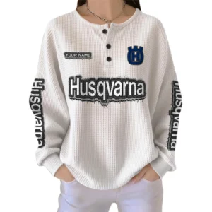 Husqvarna Motorcycles Women’s Waffle Knit Long Sleeve Relaxed Button V-Neck Customize Name