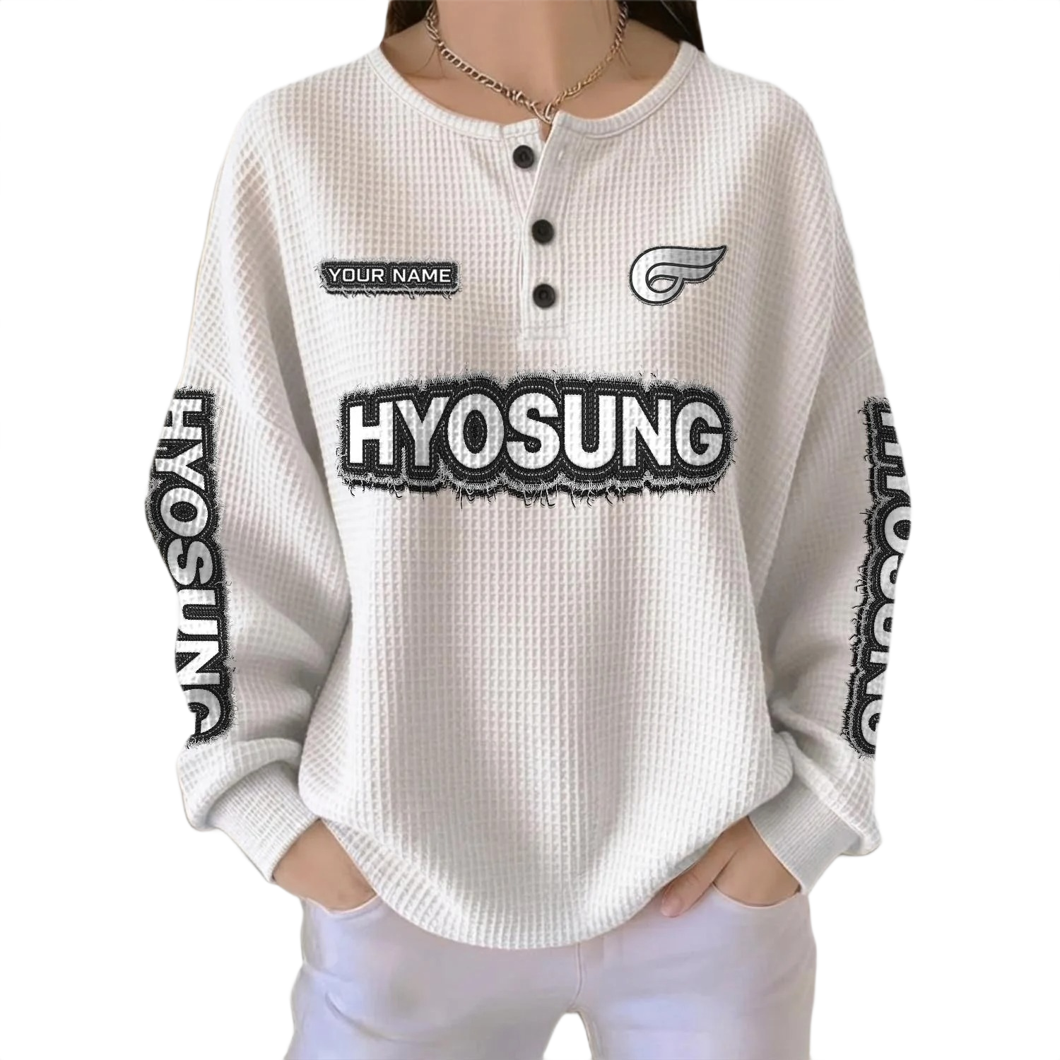 Hyosung Women’s Waffle Knit Long Sleeve Relaxed Button V-Neck Customize Name Hyosung Women’s Waffle Knit Long Sleeve Relaxed Button V-Neck Customize Name