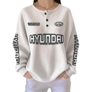 Hyundai Women’s Waffle Knit Long Sleeve Relaxed Button V-Neck Customize Name