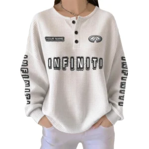 Infiniti Women’s Waffle Knit Long Sleeve Relaxed Button V-Neck Customize Name