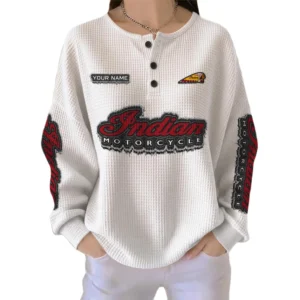 Indian Motorcycle Women’s Waffle Knit Long Sleeve Relaxed Button V-Neck Customize Name