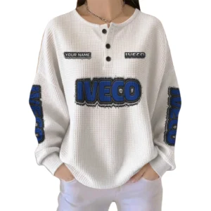 Iveco Women’s Waffle Knit Long Sleeve Relaxed Button V-Neck Customize Name