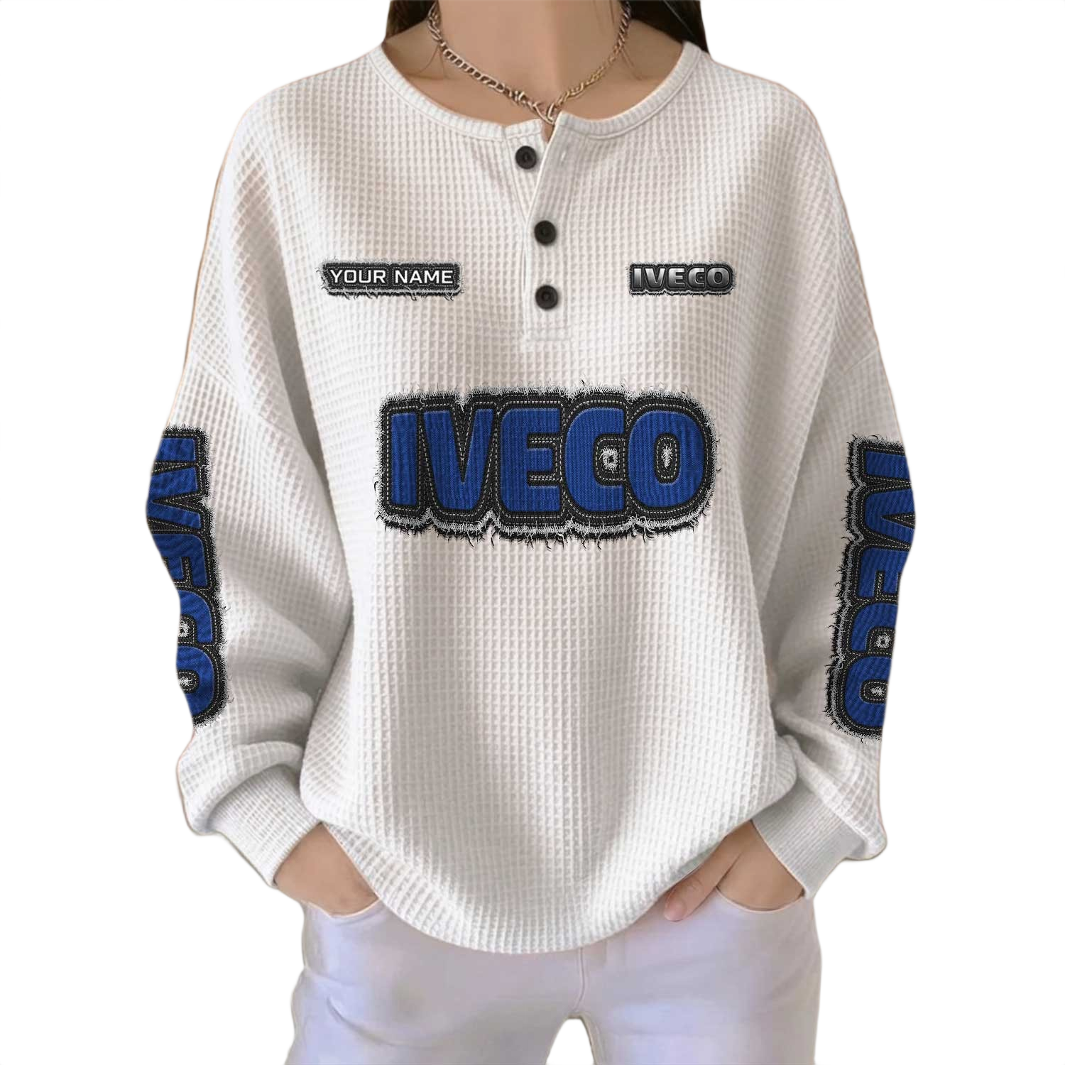 Iveco Women’s Waffle Knit Long Sleeve Relaxed Button V-Neck Customize Name Iveco Women’s Waffle Knit Long Sleeve Relaxed Button V-Neck Customize Name