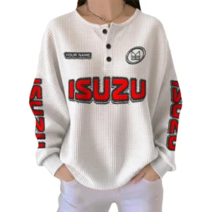 Isuzu Women’s Waffle Knit Long Sleeve Relaxed Button V-Neck Customize Name