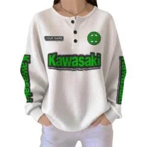 Kawasaki Women’s Waffle Knit Long Sleeve Relaxed Button V-Neck Customize Name