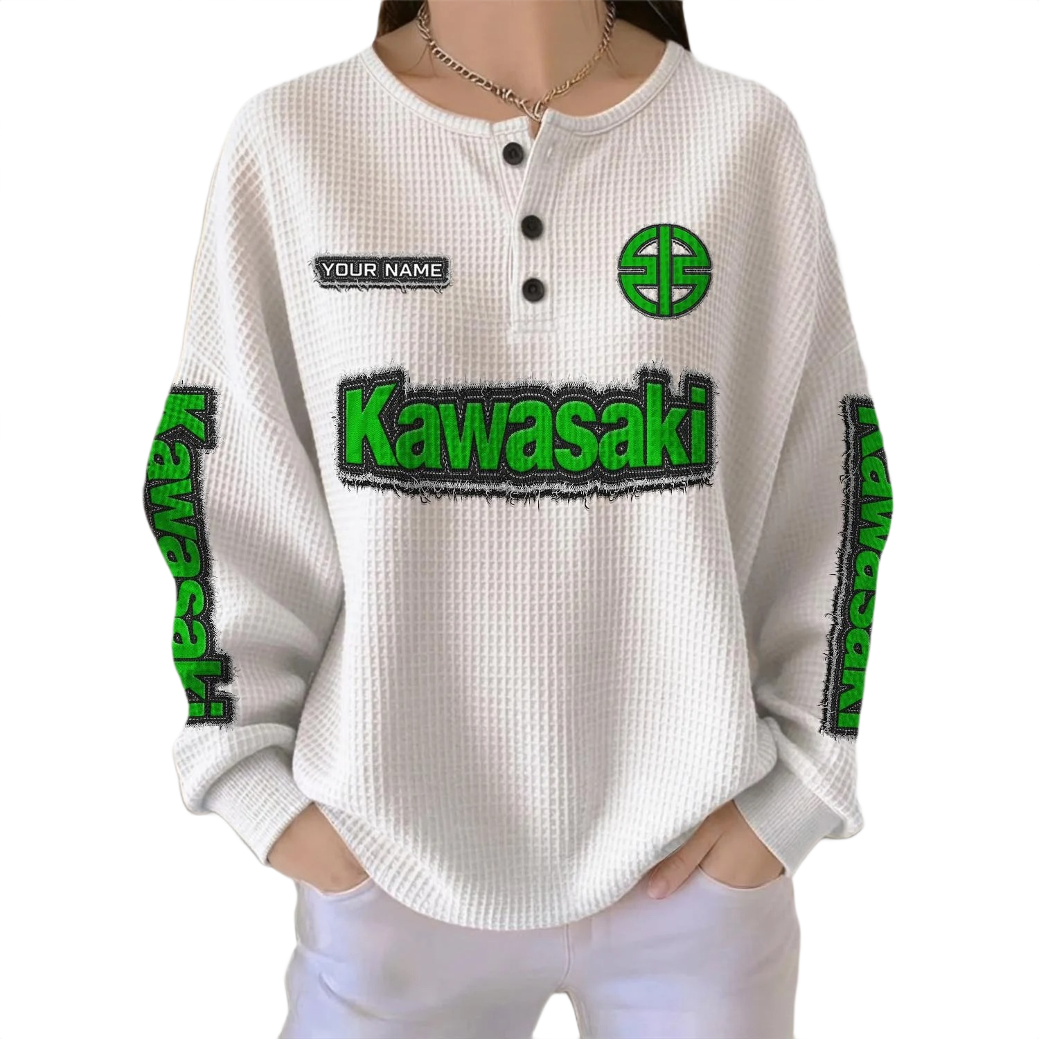 Kawasaki Women’s Waffle Knit Long Sleeve Relaxed Button V-Neck Customize Name Kawasaki Women’s Waffle Knit Long Sleeve Relaxed Button V-Neck Customize Name