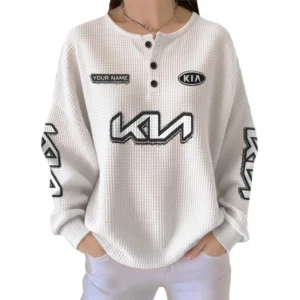 KIA Car Women’s Waffle Knit Long Sleeve Relaxed Button V-Neck Customize Name