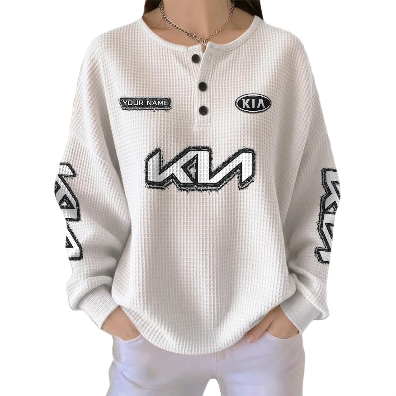 KIA Car Women’s Waffle Knit Long Sleeve Relaxed Button V-Neck Customize Name KIA Car Women’s Waffle Knit Long Sleeve Relaxed Button V-Neck Customize Name