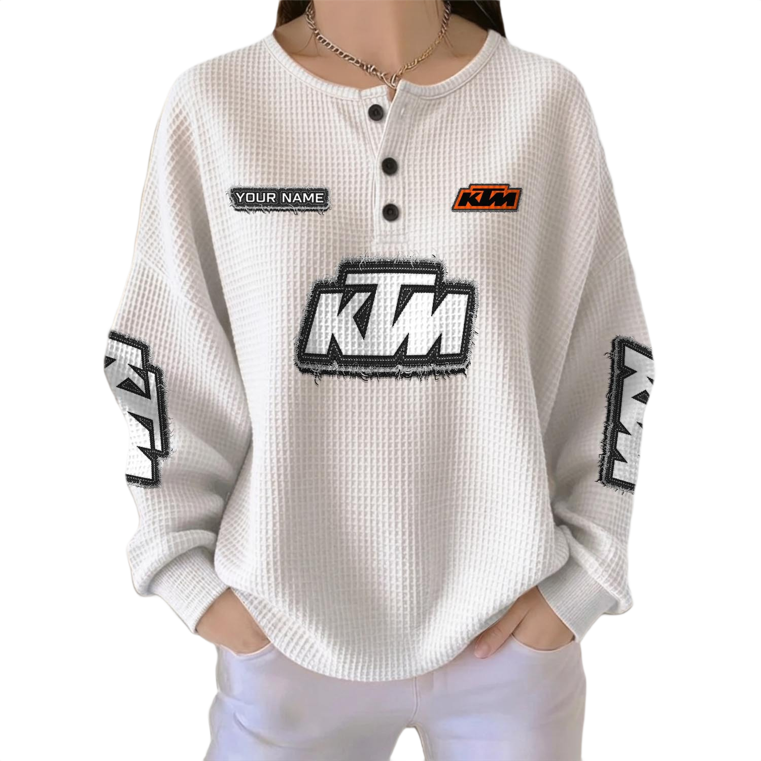 KTM Racing Women’s Waffle Knit Long Sleeve Relaxed Button V-Neck Customize Name KTM Racing Women’s Waffle Knit Long Sleeve Relaxed Button V-Neck Customize Name
