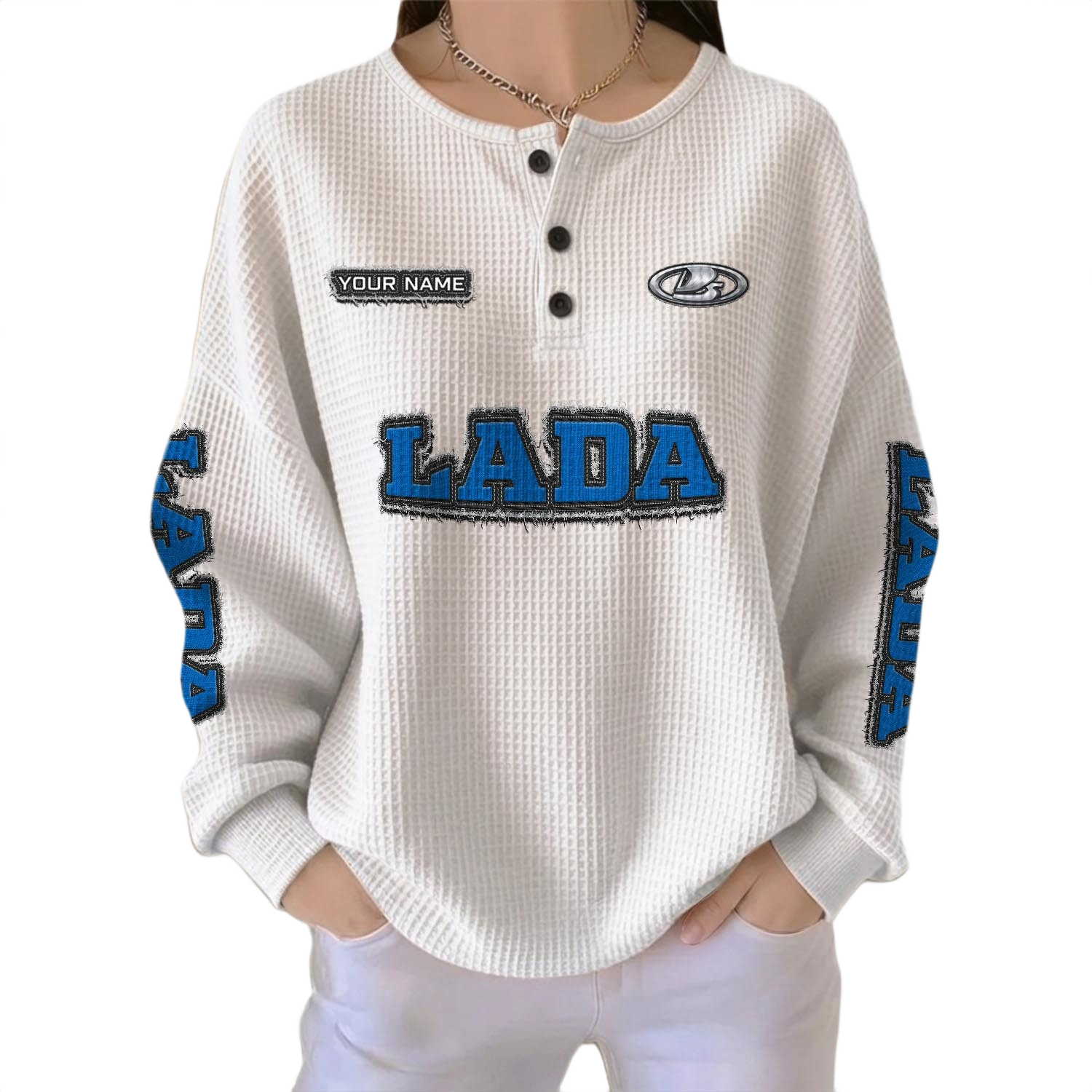 Lada Women’s Waffle Knit Long Sleeve Relaxed Button V-Neck Customize Name Lada Women’s Waffle Knit Long Sleeve Relaxed Button V-Neck Customize Name