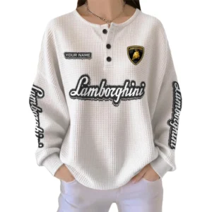 Lamborghini Women’s Waffle Knit Long Sleeve Relaxed Button V-Neck Customize Name