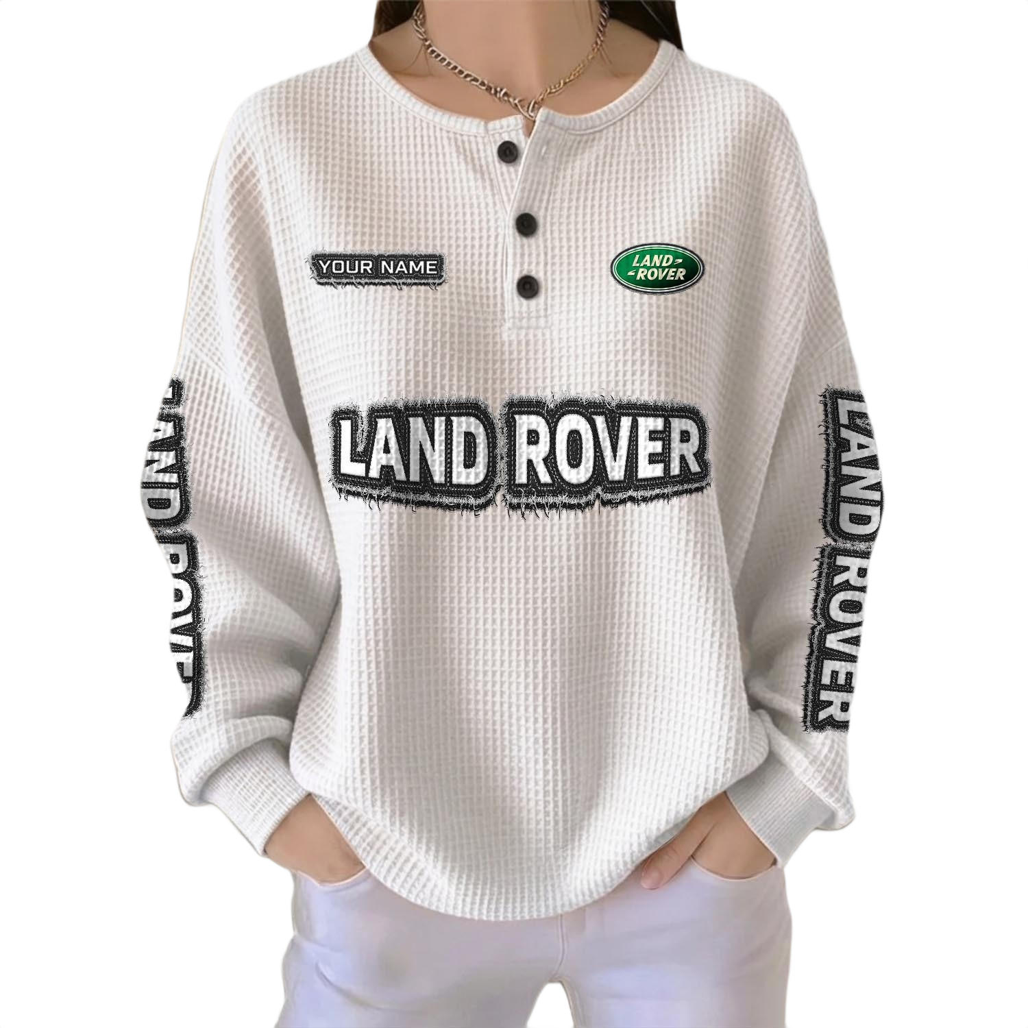 Land Rover Women’s Waffle Knit Long Sleeve Relaxed Button V-Neck Customize Name Land Rover Women’s Waffle Knit Long Sleeve Relaxed Button V-Neck Customize Name