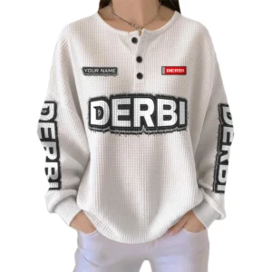 Derbi Women’s Waffle Knit Long Sleeve Relaxed Button V-Neck Customize Name