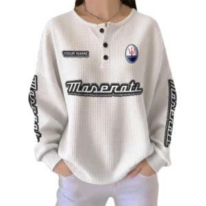 Maserati Women’s Waffle Knit Long Sleeve Relaxed Button V-Neck Custom Name