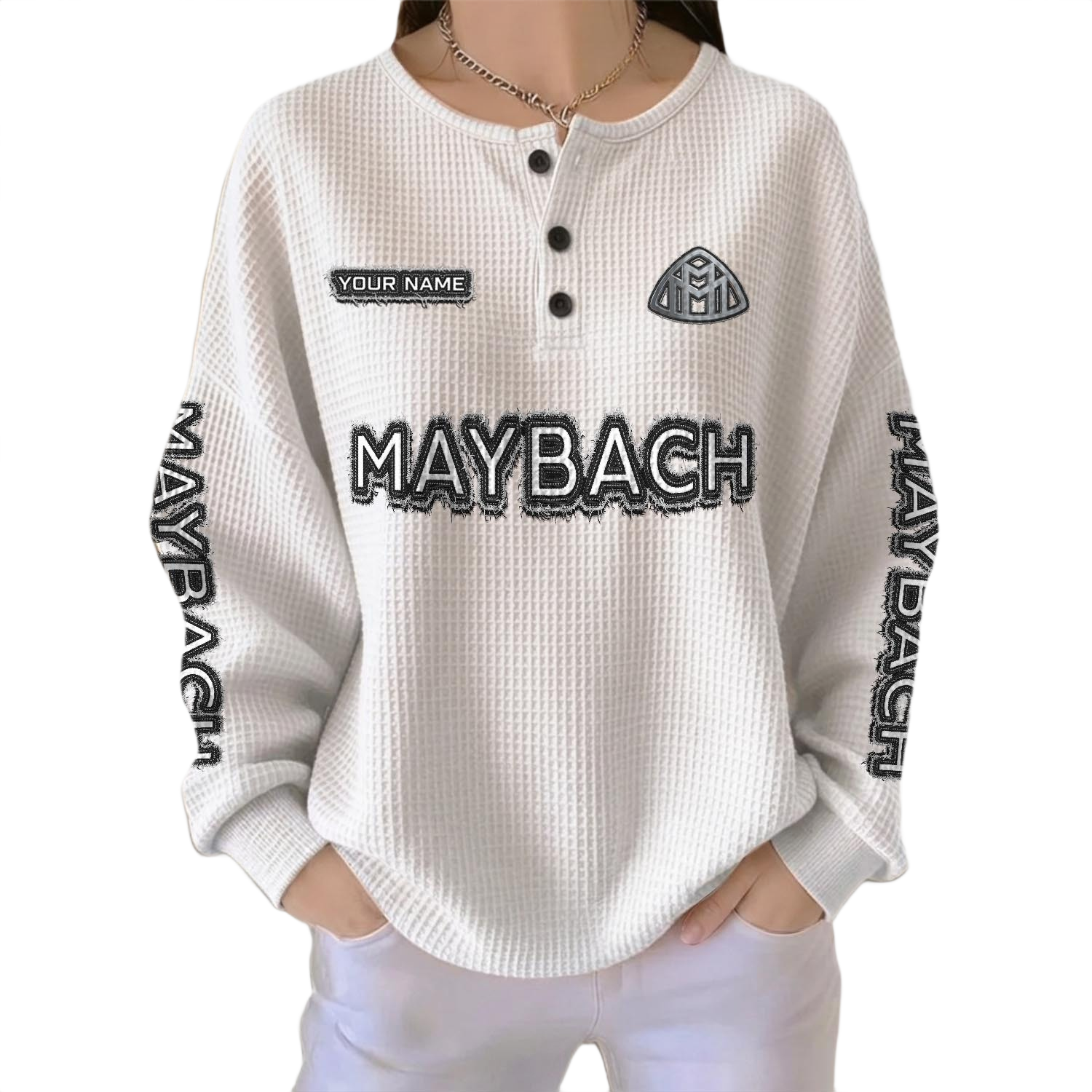 Maybach Women’s Waffle Knit Long Sleeve Relaxed Button V-Neck Customize Name Maybach Women’s Waffle Knit Long Sleeve Relaxed Button V-Neck Customize Name