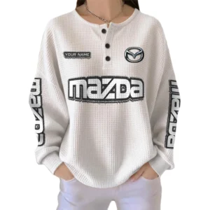 Mazda Women’s Waffle Knit Long Sleeve Relaxed Button V-Neck Customize Name