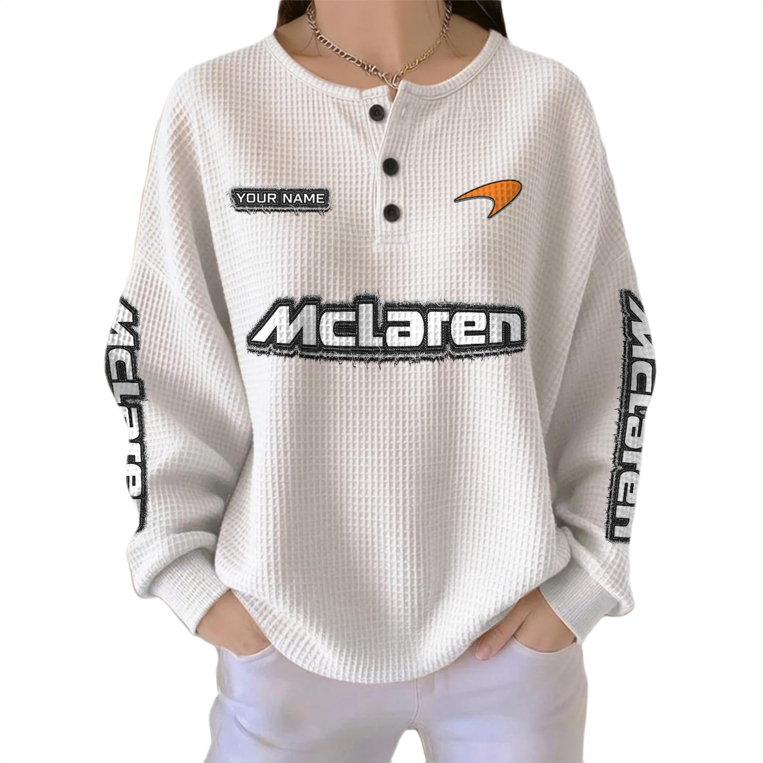 McLaren Women’s Waffle Knit Long Sleeve Relaxed Button V-Neck Customize Name McLaren Women’s Waffle Knit Long Sleeve Relaxed Button V-Neck Customize Name