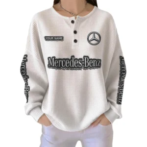 Mercedes Benz Women’s Waffle Knit Long Sleeve Relaxed Button V-Neck Customize Name