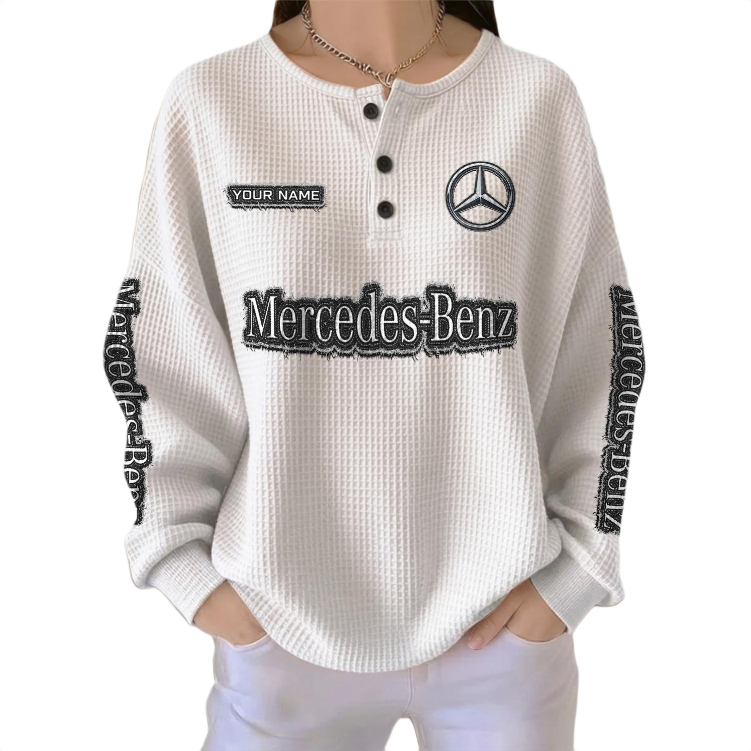 Mercedes Benz Women’s Waffle Knit Long Sleeve Relaxed Button V-Neck Customize Name Mercedes Benz Women’s Waffle Knit Long Sleeve Relaxed Button V-Neck Customize Name