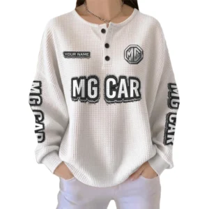 MG Car Women’s Waffle Knit Long Sleeve Relaxed Button V-Neck Customize Name