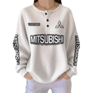 Mitsubishi Women’s Waffle Knit Long Sleeve Relaxed Button V-Neck Customize Name