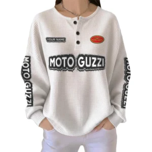 Moto Guzzi Women’s Waffle Knit Long Sleeve Relaxed Button V-Neck Customize Name