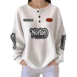 Norton Motorcycles Women’s Waffle Knit Long Sleeve Relaxed Button V-Neck Customize Name