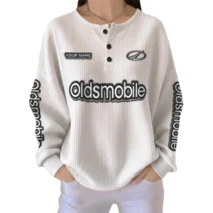 Oldsmobile Women’s Waffle Knit Long Sleeve Relaxed Button V-Neck Customize Name