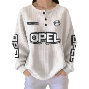 Opel Women’s Waffle Knit Long Sleeve Relaxed Button V-Neck Customize Name