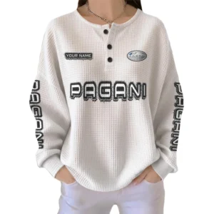 Pagani Women’s Waffle Knit Long Sleeve Relaxed Button V-Neck Customize Name