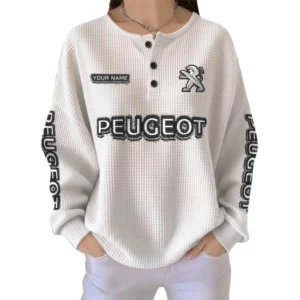 Peugeot Women’s Waffle Knit Long Sleeve Relaxed Button V-Neck Customize Name