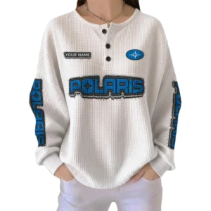 Polaris Women’s Waffle Knit Long Sleeve Relaxed Button V-Neck Customize Name