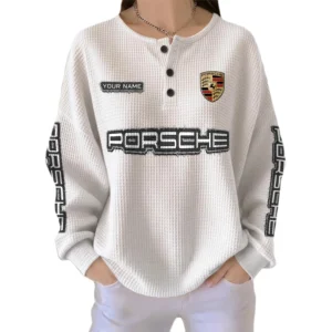Porsche Women’s Waffle Knit Long Sleeve Relaxed Button V-Neck Customize Name