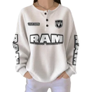 Ram Women’s Waffle Knit Long Sleeve Relaxed Button V-Neck Customize Name